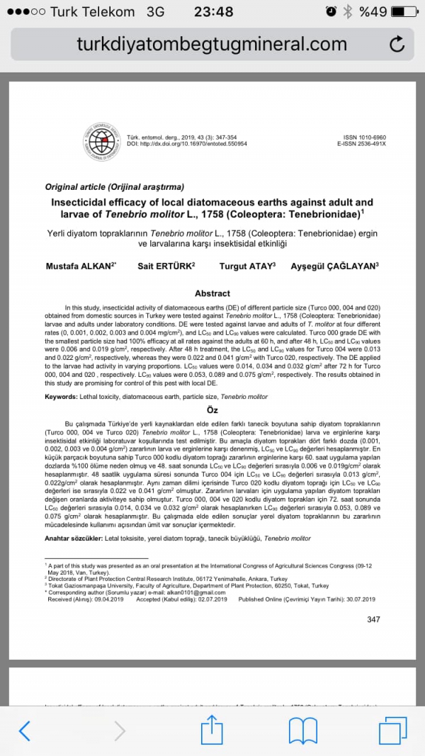 Tarım Bakanlığın ( Entomol Dergisinde  ) Ürünlerimiz, Bit Böcek Haşere Tahtakurusu Hamam Böceği ve Benzer Zararlı Haşereleri Yok Etiğine Dair Bilimsel Olarak 2019 Yılında Yayınlanmış