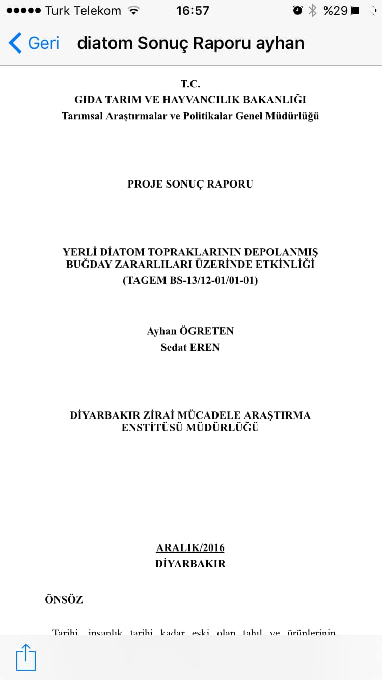 GIDA TARIM VE HAYVANCILIK BAKANLIĞI Tarımsal Araştırmalar ve Politikalar Genel Müdürlüğü PROJE SONUÇ RAPORU YERLİ DİATOM TOPRAKLARININ DEPOLANMIŞ BUĞDAY ZARARLILARI ÜZERİNDE